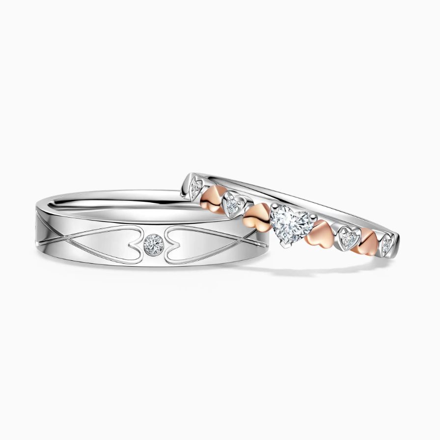 Alternating Rose Gold Heart And Diamond Wedding Rings