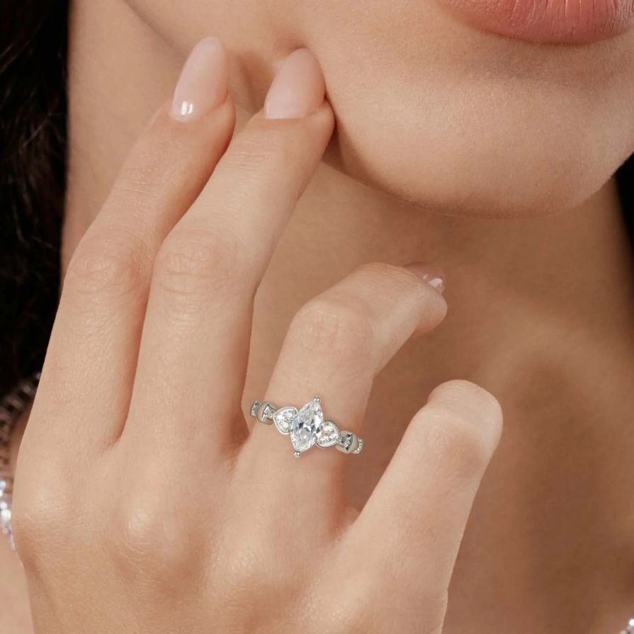 Marquise Heart-Link Zirconia Promise Ring 18K White Gold Plated Sterling Silver