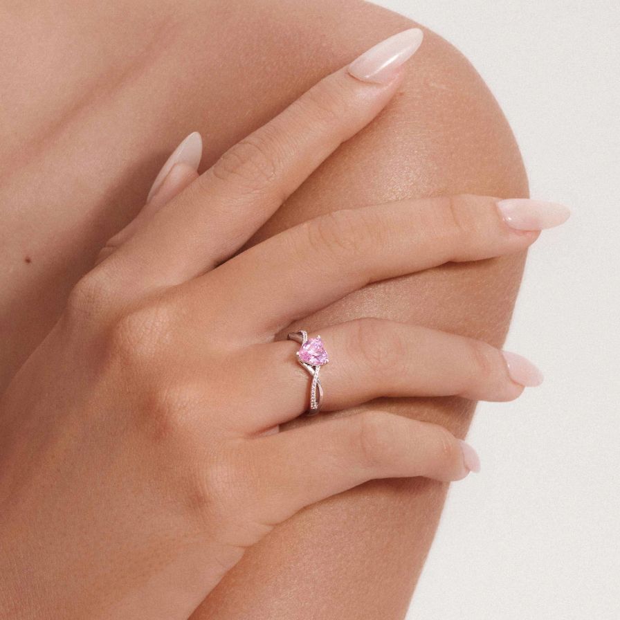 Pink Heart Split Shank Zirconia Promise Ring 18K White Gold Plated Sterling Silver Pink Heart Split Shank Zirconia Promise Ring 18K White Gold Plated Sterling Silver