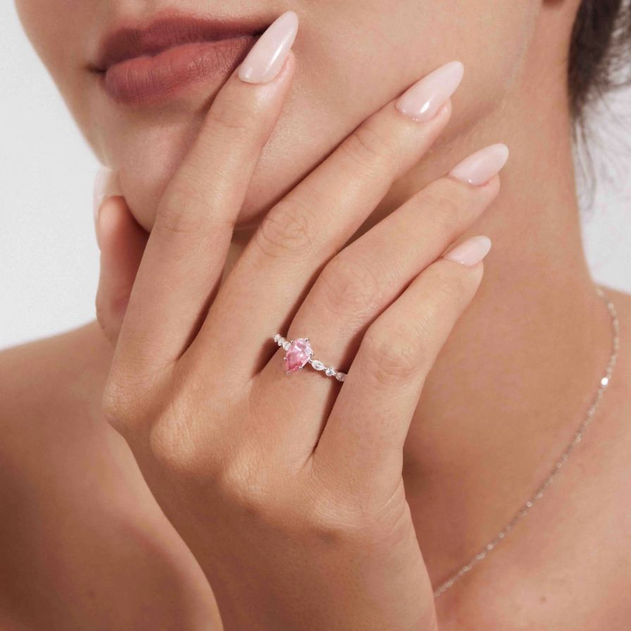 Elegance Pear Moissanite Side-Stone Promise Ring 18K White Gold Plated Sterling Silver Elegance Pear Moissanite Side-Stone Promise Ring 18K White Gold Plated Sterling Silver