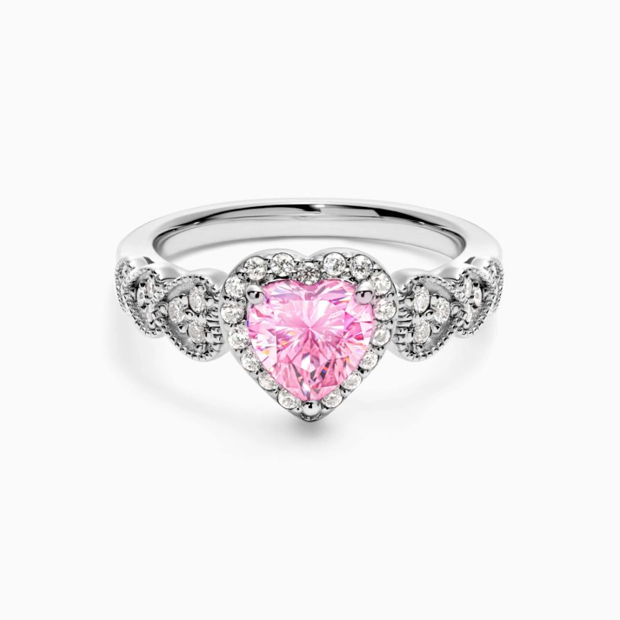 Pink Heart Halo Pavé Zirconia Promise Ring 18K White Gold Plated Sterling Silver Pink Heart Halo Pavé Zirconia Promise Ring 18K White Gold Plated Sterling Silver