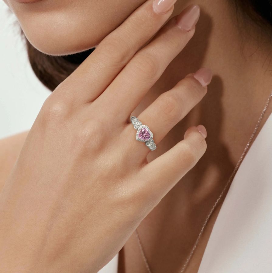 Pink Heart Halo Pavé Zirconia Promise Ring 18K White Gold Plated Sterling Silver Pink Heart Halo Pavé Zirconia Promise Ring 18K White Gold Plated Sterling Silver
