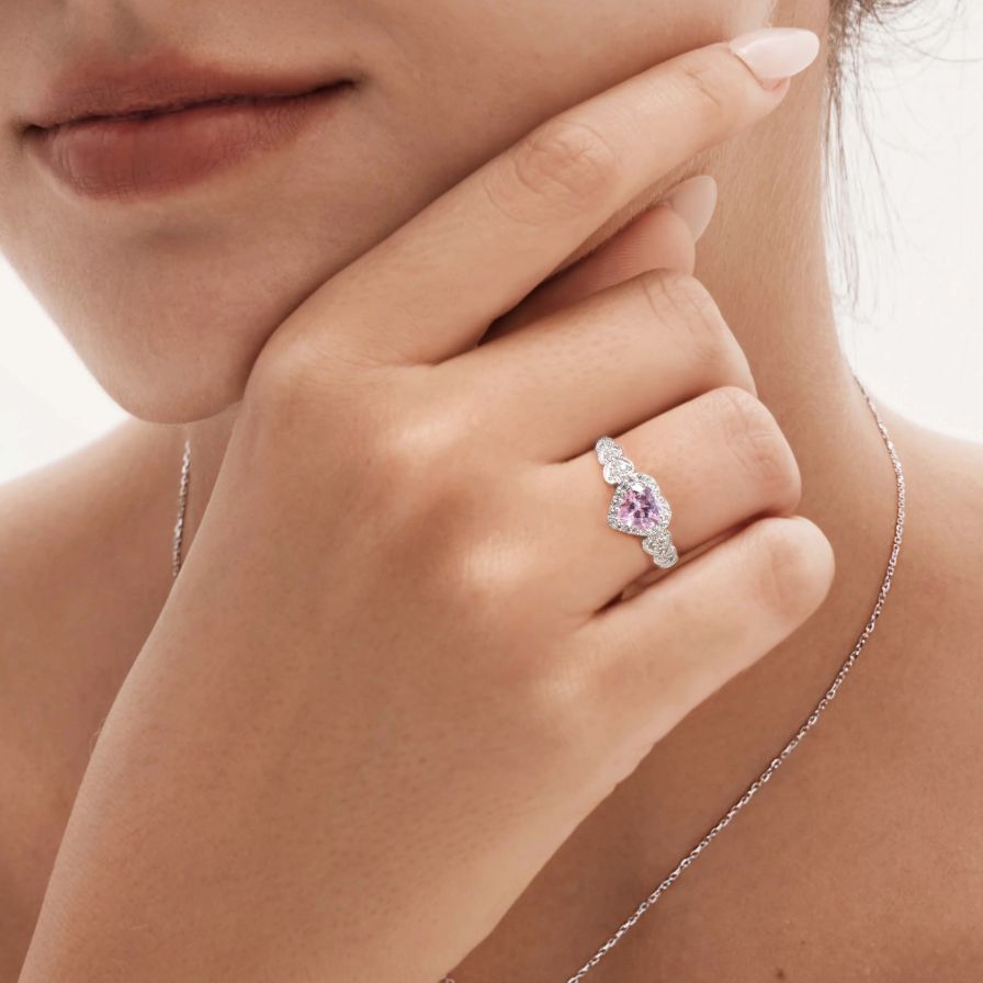 Pink Heart Halo Pavé Zirconia Promise Ring 18K White Gold Plated Sterling Silver Pink Heart Halo Pavé Zirconia Promise Ring 18K White Gold Plated Sterling Silver