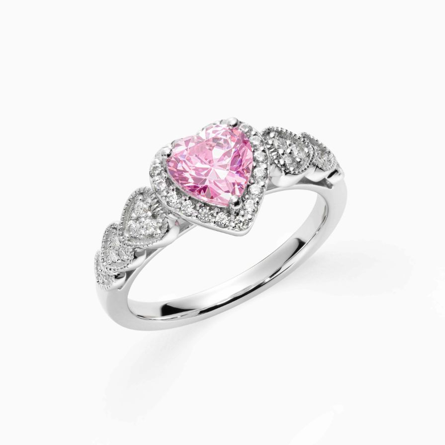 Pink Heart Halo Pavé Zirconia Promise Ring 18K White Gold Plated Sterling Silver Pink Heart Halo Pavé Zirconia Promise Ring 18K White Gold Plated Sterling Silver
