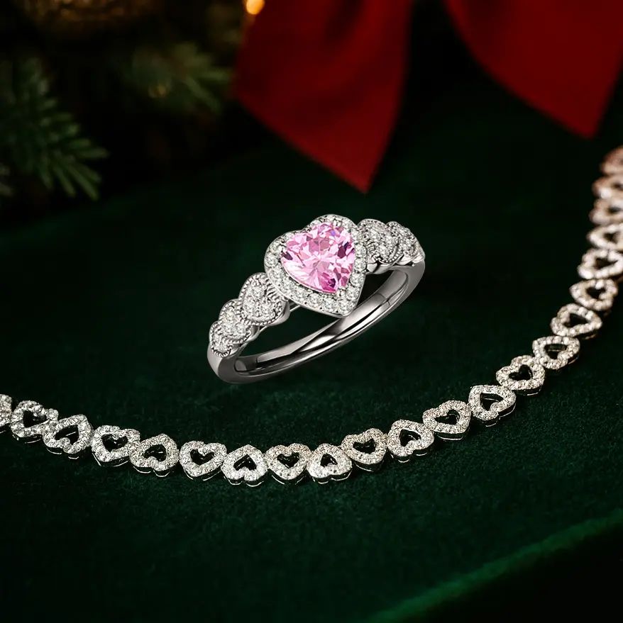 Pink Heart Halo Pavé Zirconia Promise Ring 18K White Gold Plated Sterling Silver Pink Heart Halo Pavé Zirconia Promise Ring 18K White Gold Plated Sterling Silver