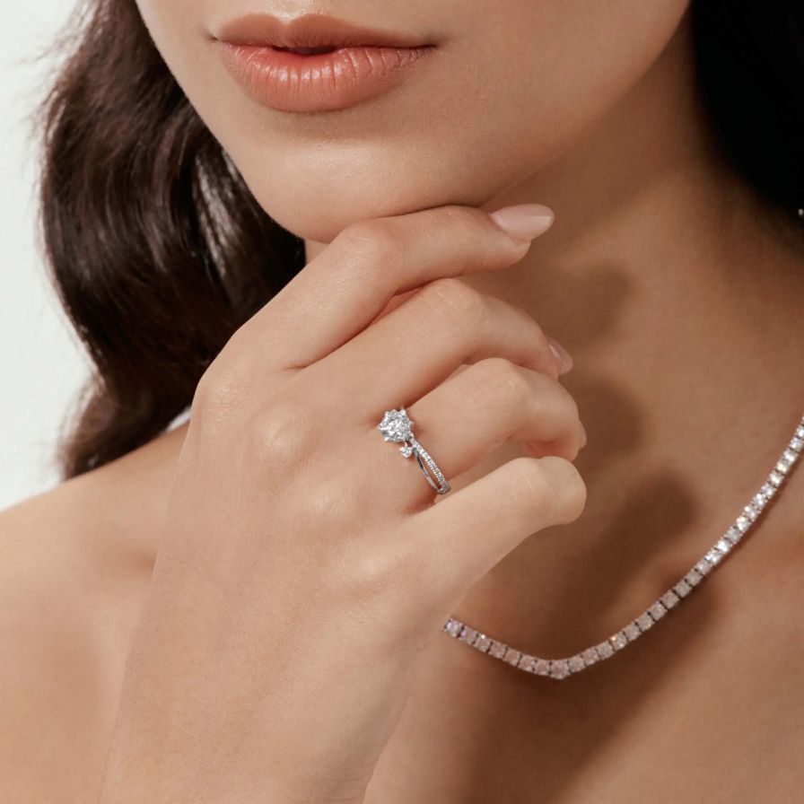 Round Solitaire Pavé Two-stone Twisted Engagement Ring Round Solitaire Pavé Two-stone Twisted Engagement Ring