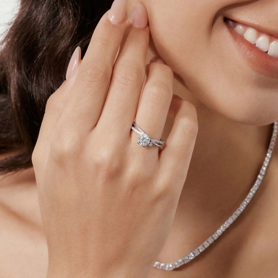 Round Solitaire Pavé Two-stone Twisted Engagement Ring Round Solitaire Pavé Two-stone Twisted Engagement Ring