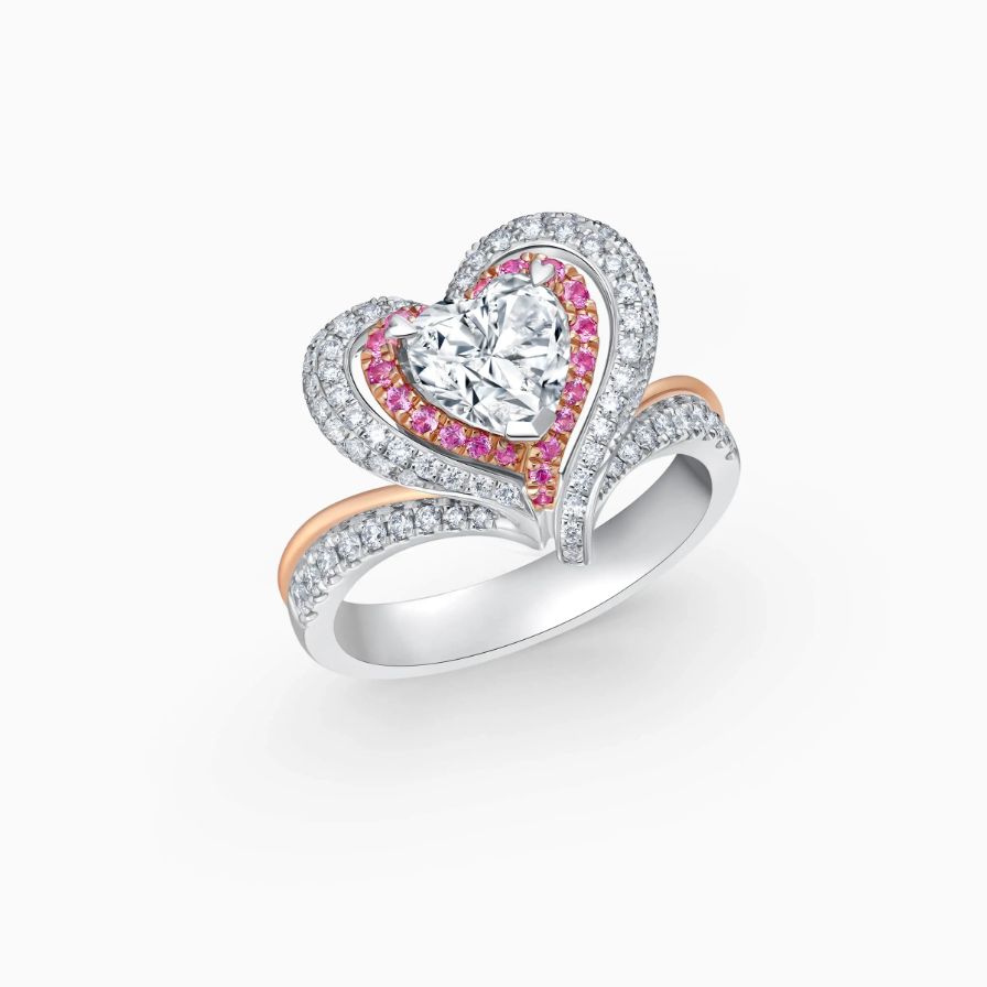 Pulsating Two-tone Luxury Halo Pavé Bypass Engagement Ring With Pink Sapphire Pulsating Two-tone Luxury Halo Pavé Bypass Engagement Ring With Pink Sapphire