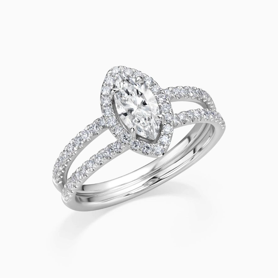 Marquise-cut Halo Split Shank Double Band Pavé Engagement Ring Marquise-cut Halo Split Shank Double Band Pavé Engagement Ring