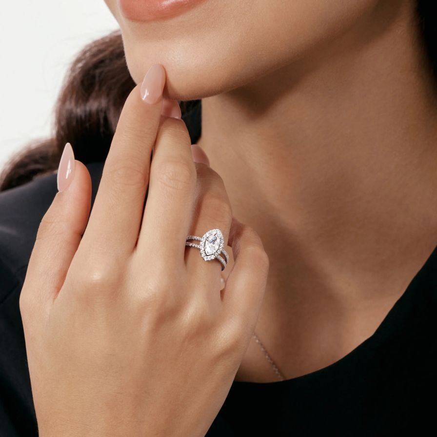 Marquise-cut Halo Split Shank Double Band Pavé Engagement Ring Marquise-cut Halo Split Shank Double Band Pavé Engagement Ring