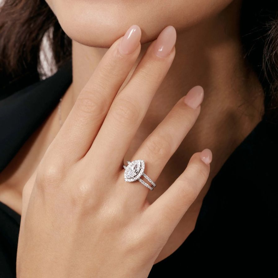 Marquise-cut Halo Split Shank Double Band Pavé Engagement Ring Marquise-cut Halo Split Shank Double Band Pavé Engagement Ring